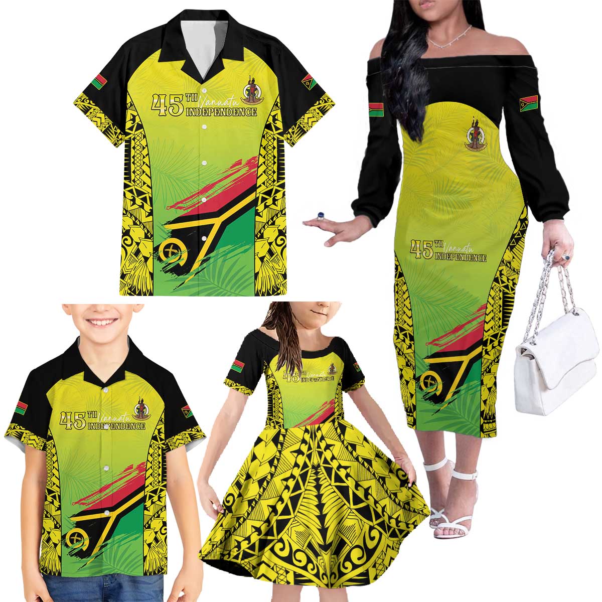 Vanuatu 45th Independence Family Matching Off The Shoulder Long Sleeve Dress and Hawaiian Shirt Special Style - Polynesian Pride