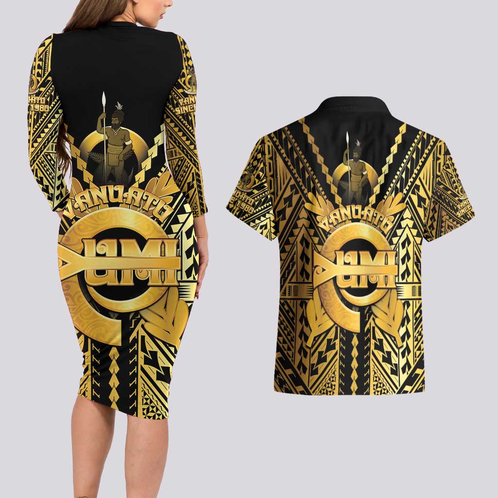 Vanuatu 45th Anniversary Of Independence Couples Matching Long Sleeve Bodycon Dress and Hawaiian Shirt Gold Style - Polynesian Pride
