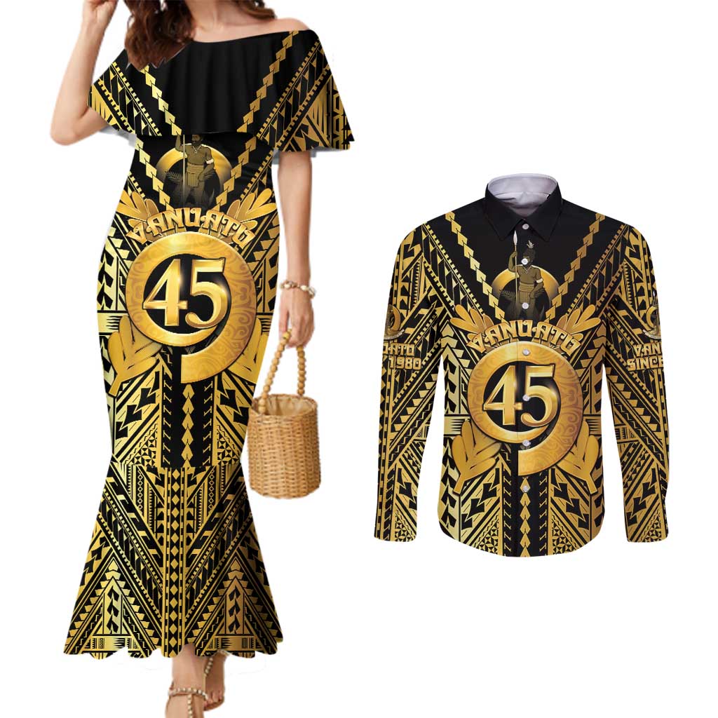 Vanuatu 45th Anniversary Of Independence Couples Matching Mermaid Dress and Long Sleeve Button Shirt Gold Style - Polynesian Pride