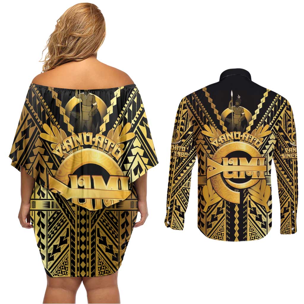 Vanuatu 45th Anniversary Of Independence Couples Matching Off Shoulder Short Dress and Long Sleeve Button Shirt Gold Style - Polynesian Pride