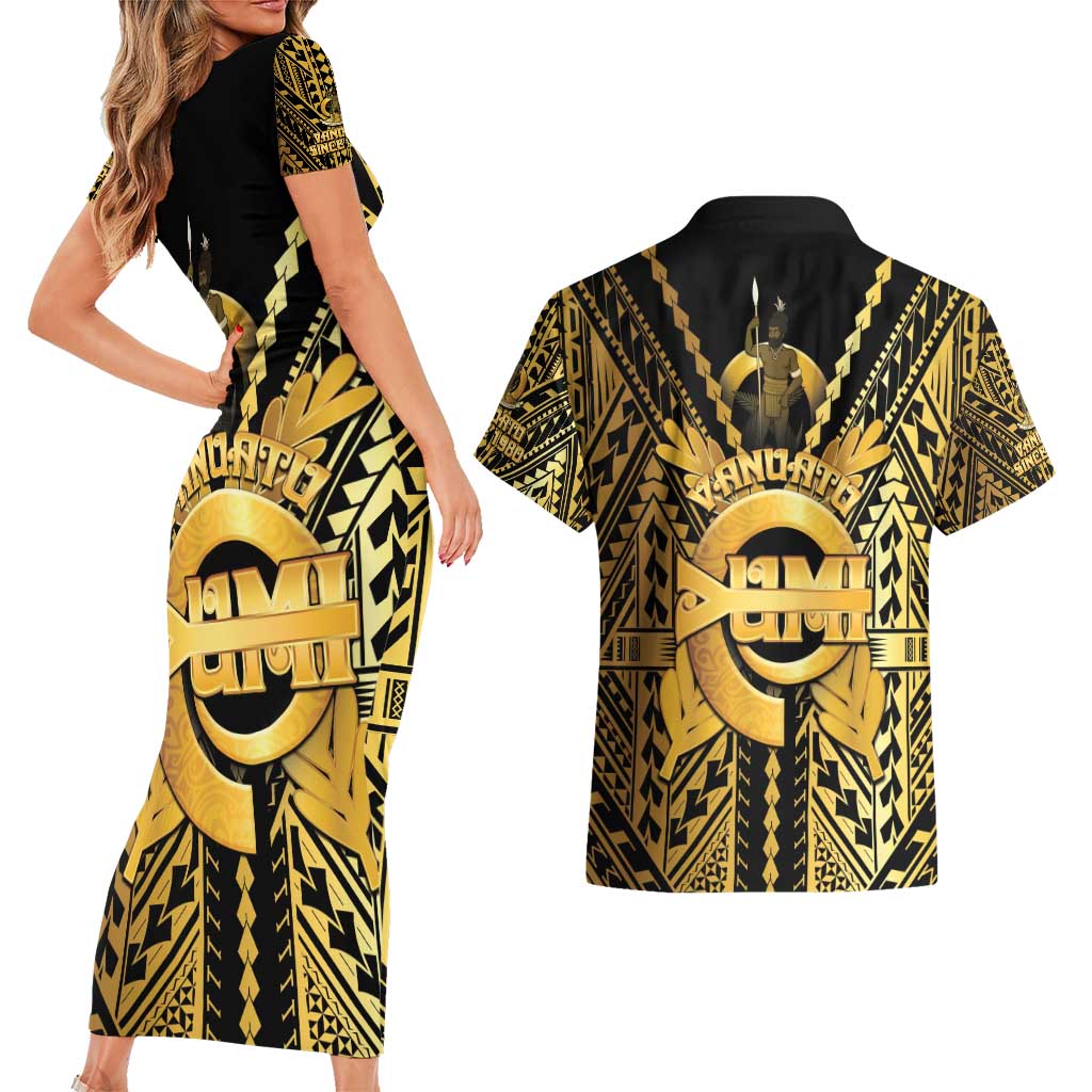 Vanuatu 45th Anniversary Of Independence Couples Matching Short Sleeve Bodycon Dress and Hawaiian Shirt Gold Style - Polynesian Pride