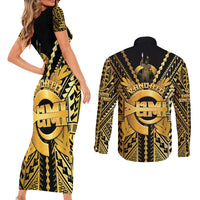 Vanuatu 45th Anniversary Of Independence Couples Matching Short Sleeve Bodycon Dress and Long Sleeve Button Shirt Gold Style - Polynesian Pride