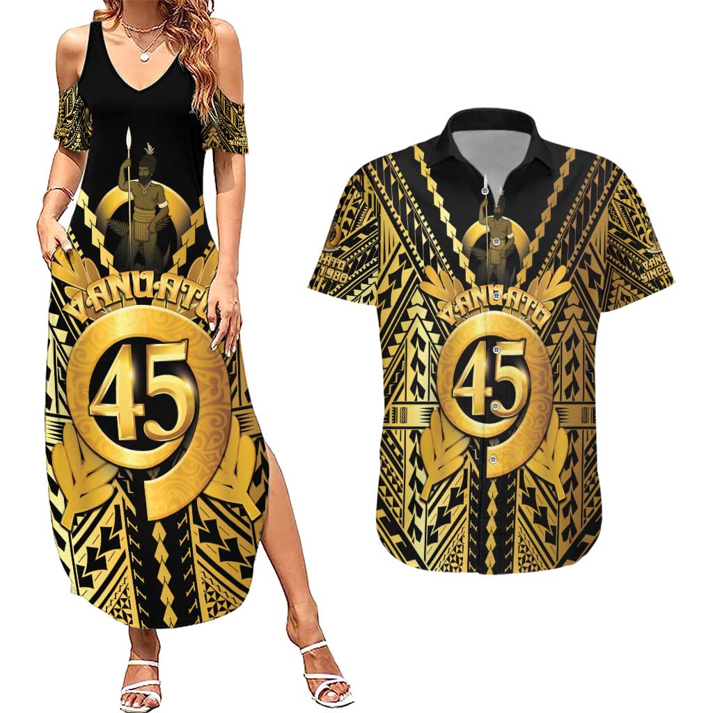 Vanuatu 45th Anniversary Of Independence Couples Matching Summer Maxi Dress and Hawaiian Shirt Gold Style - Polynesian Pride