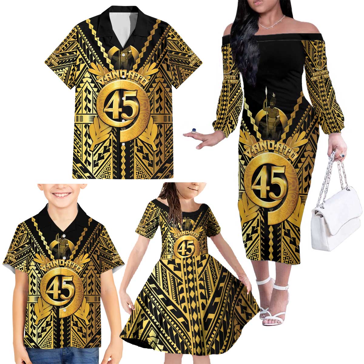 Vanuatu 45th Anniversary Of Independence Family Matching Off The Shoulder Long Sleeve Dress and Hawaiian Shirt Gold Style - Polynesian Pride
