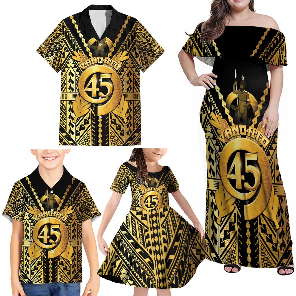 Vanuatu 45th Anniversary Of Independence Family Matching Off Shoulder Maxi Dress and Hawaiian Shirt Gold Style - Polynesian Pride