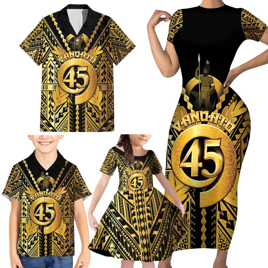 Vanuatu 45th Anniversary Of Independence Family Matching Short Sleeve Bodycon Dress and Hawaiian Shirt Gold Style - Polynesian Pride