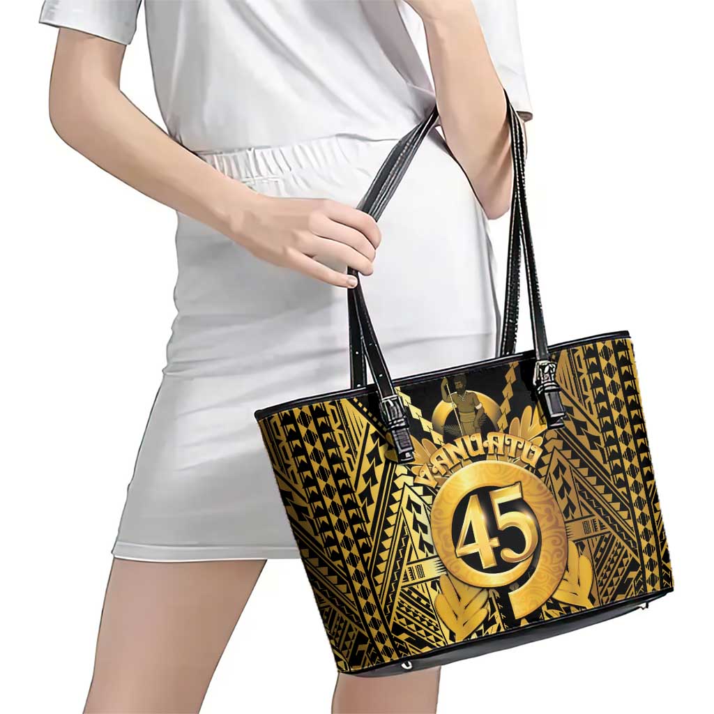 Vanuatu 45th Anniversary Of Independence Leather Tote Bag Gold Style - Polynesian Pride