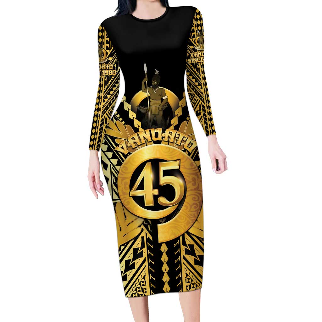 Vanuatu 45th Anniversary Of Independence Long Sleeve Bodycon Dress Gold Style - Polynesian Pride