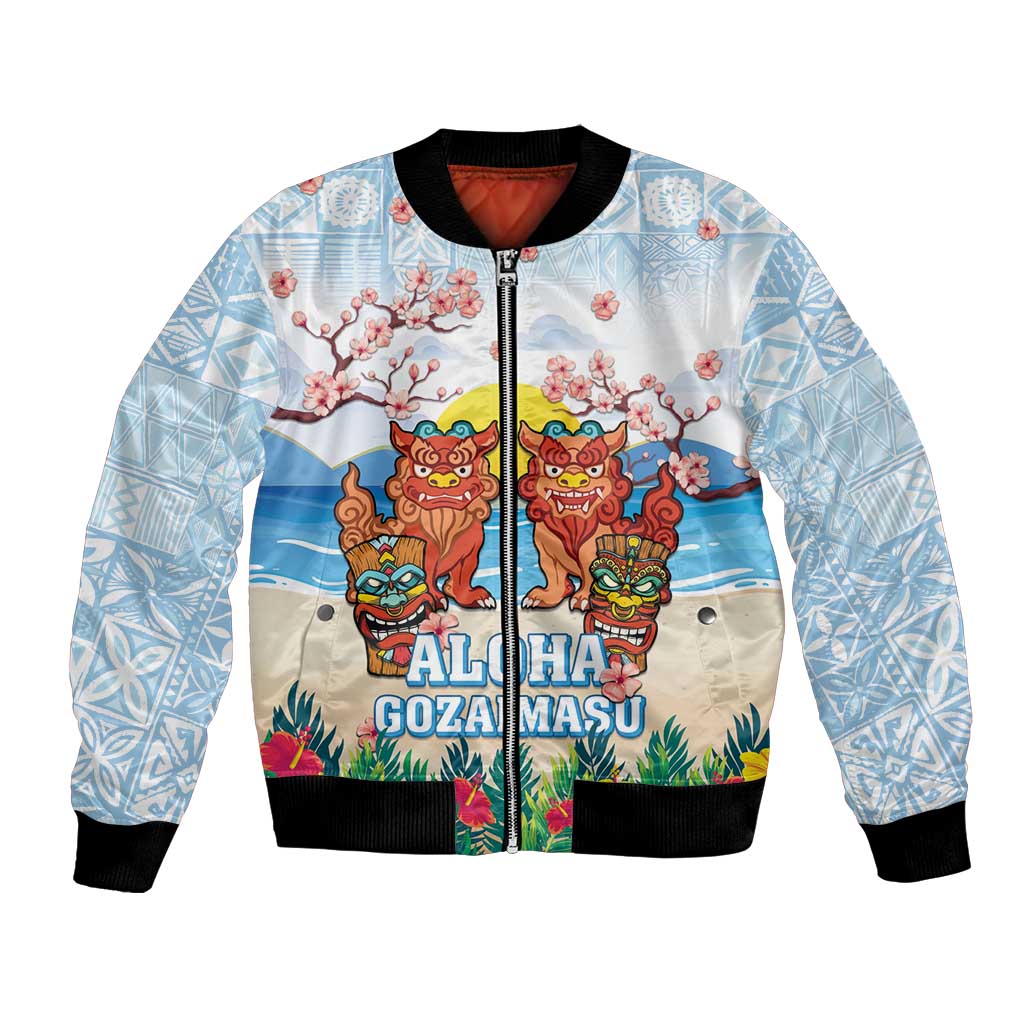 Hawaii And Japan Okinawa Bomber Jacket Aloha Gozaimasu Tiki With Shisa