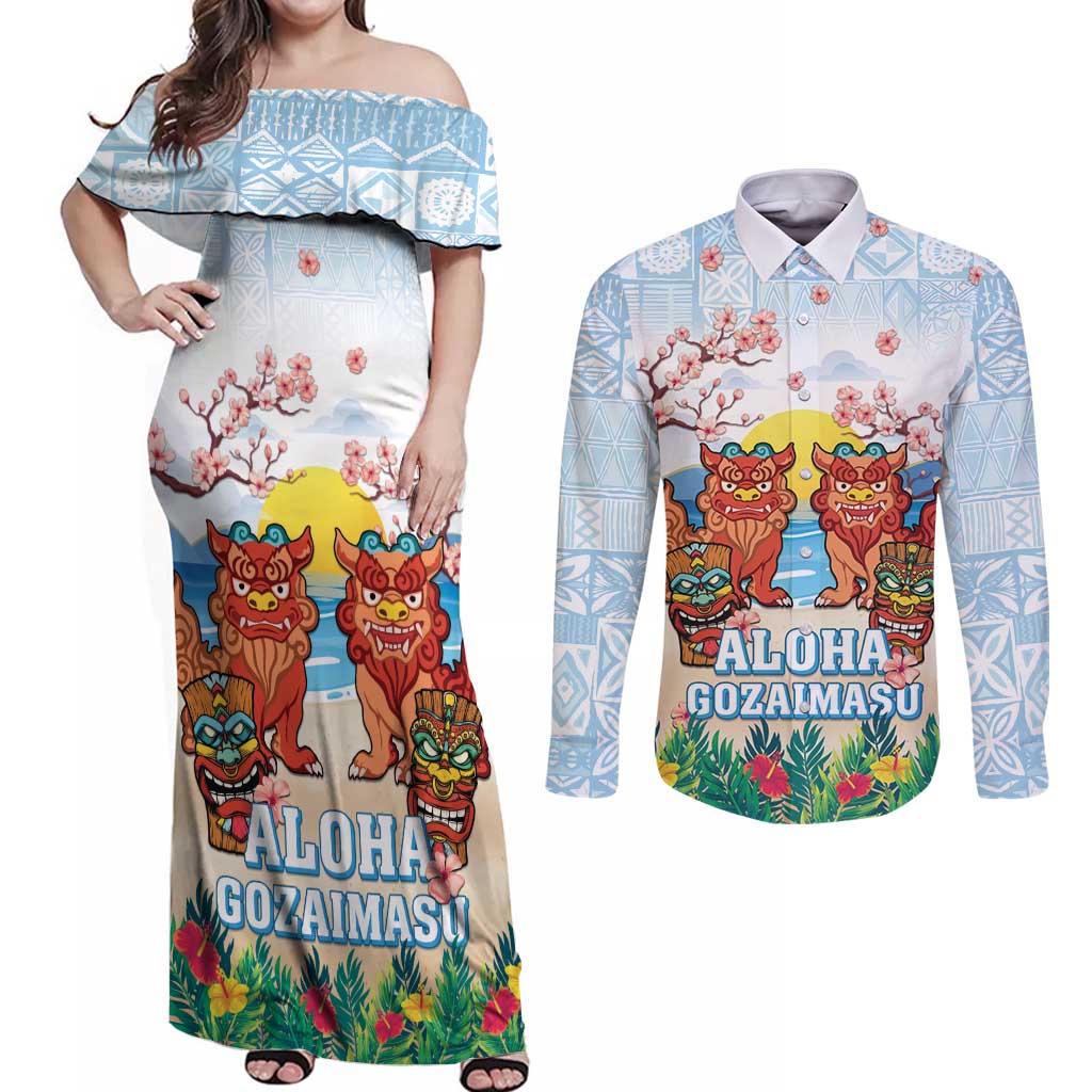 Hawaii And Japan Okinawa Couples Matching Off Shoulder Maxi Dress and Long Sleeve Button Shirt Aloha Gozaimasu Tiki With Shisa