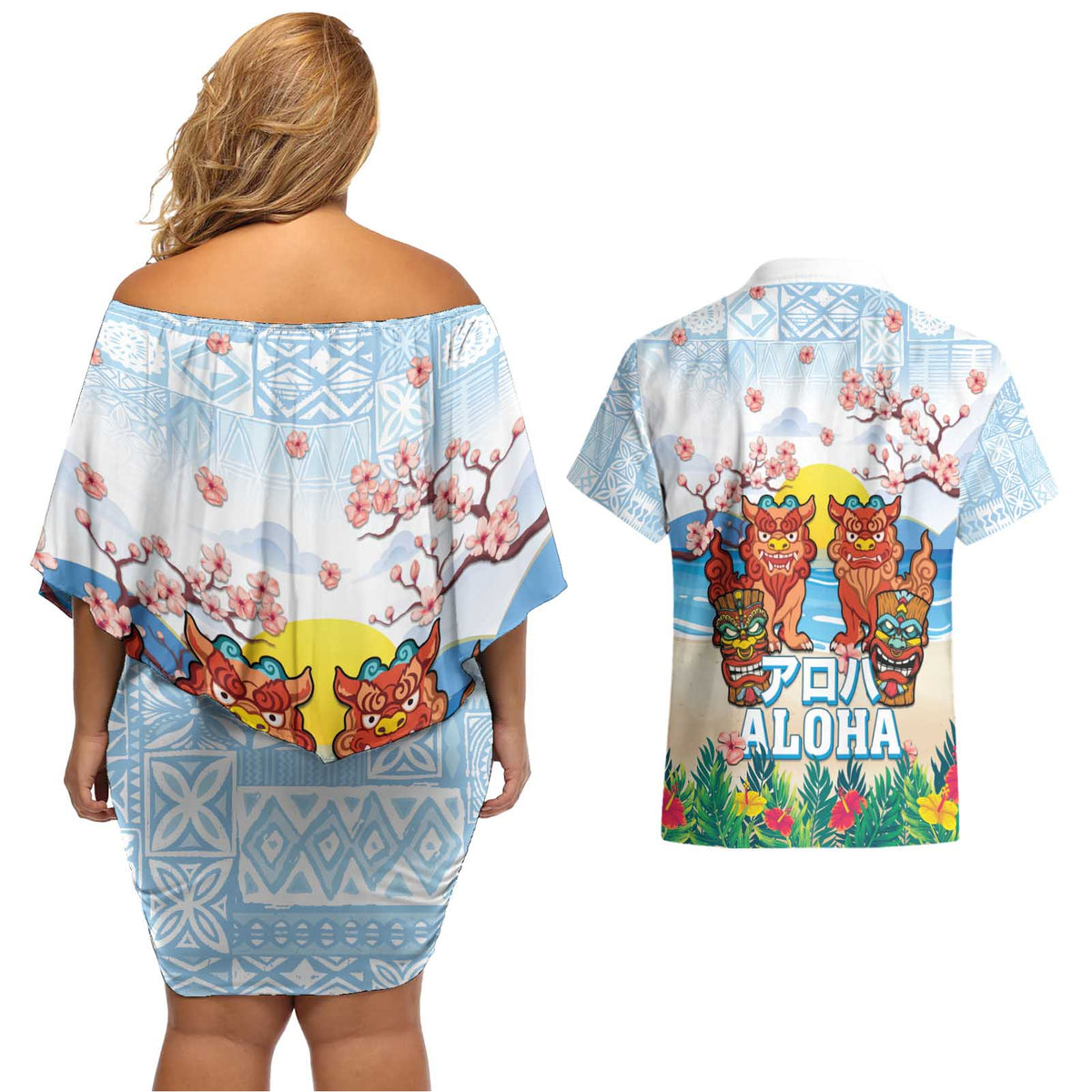 Hawaii And Japan Okinawa Couples Matching Off Shoulder Short Dress and Hawaiian Shirt Aloha Gozaimasu Tiki With Shisa