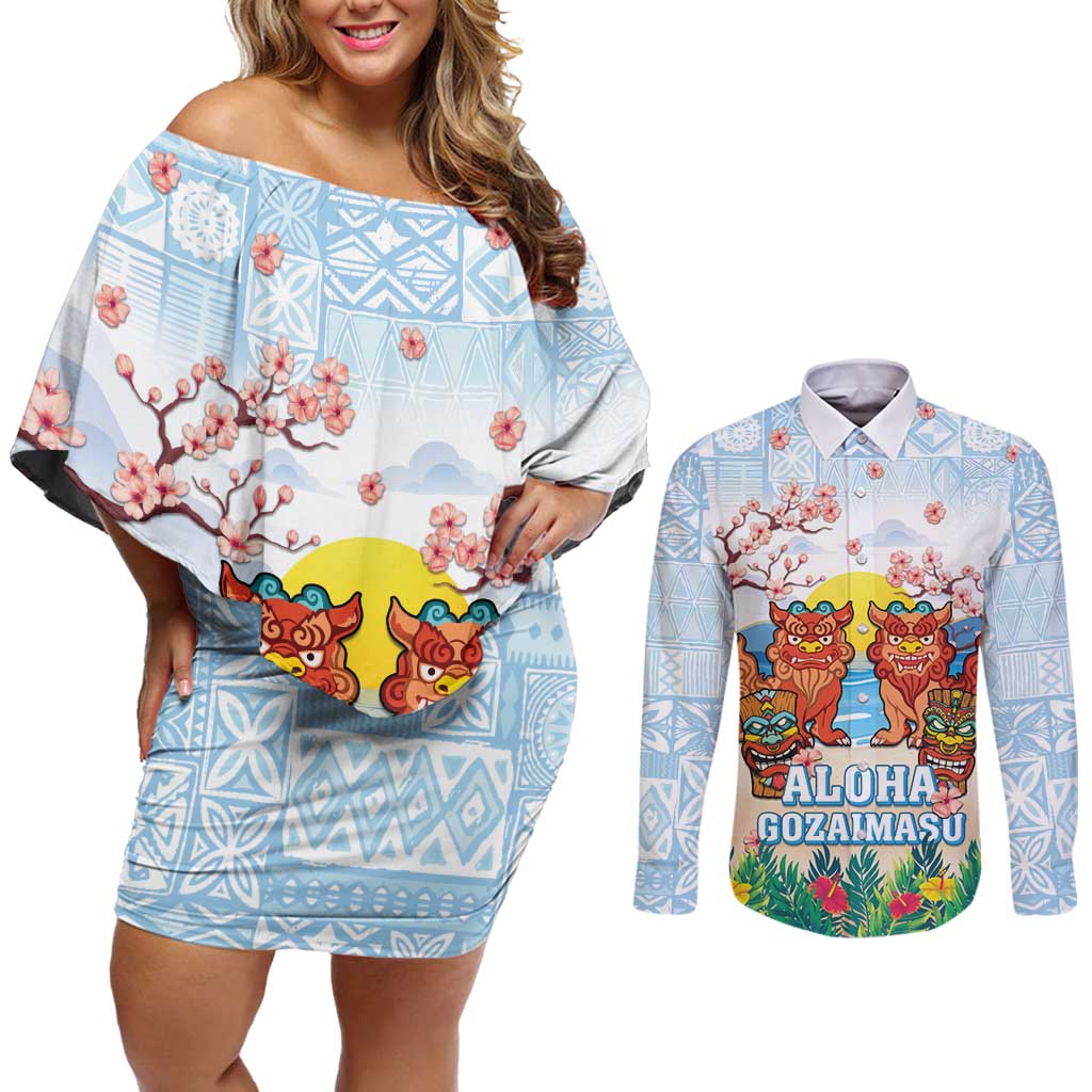 Hawaii And Japan Okinawa Couples Matching Off Shoulder Short Dress and Long Sleeve Button Shirt Aloha Gozaimasu Tiki With Shisa