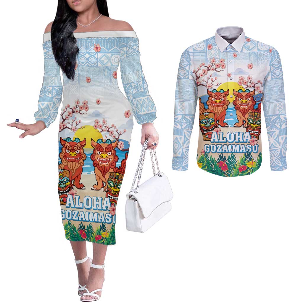 Hawaii And Japan Okinawa Couples Matching Off The Shoulder Long Sleeve Dress and Long Sleeve Button Shirt Aloha Gozaimasu Tiki With Shisa