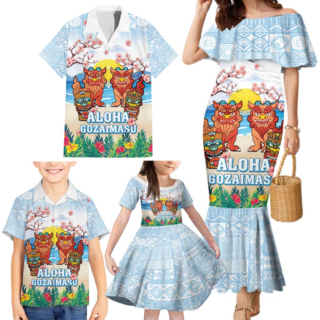 Hawaii And Japan Okinawa Family Matching Mermaid Dress and Hawaiian Shirt Aloha Gozaimasu Tiki With Shisa