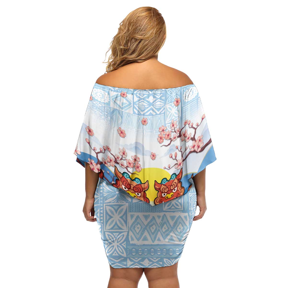 Hawaii And Japan Okinawa Family Matching Off Shoulder Short Dress and Hawaiian Shirt Aloha Gozaimasu Tiki With Shisa