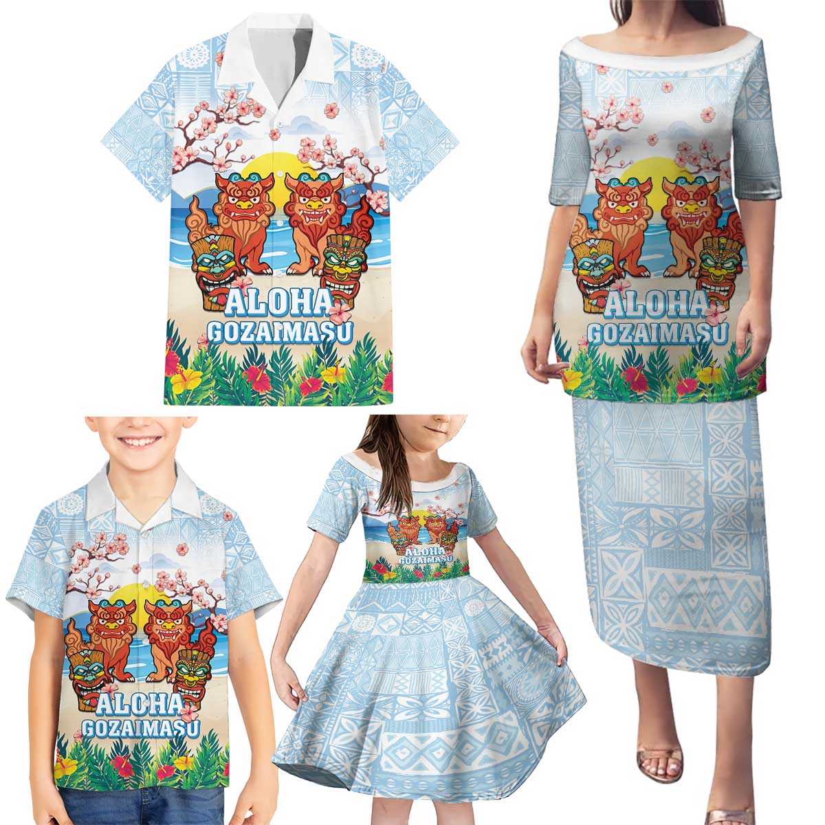 Hawaii And Japan Okinawa Family Matching Puletasi and Hawaiian Shirt Aloha Gozaimasu Tiki With Shisa LT05 - Polynesian Pride