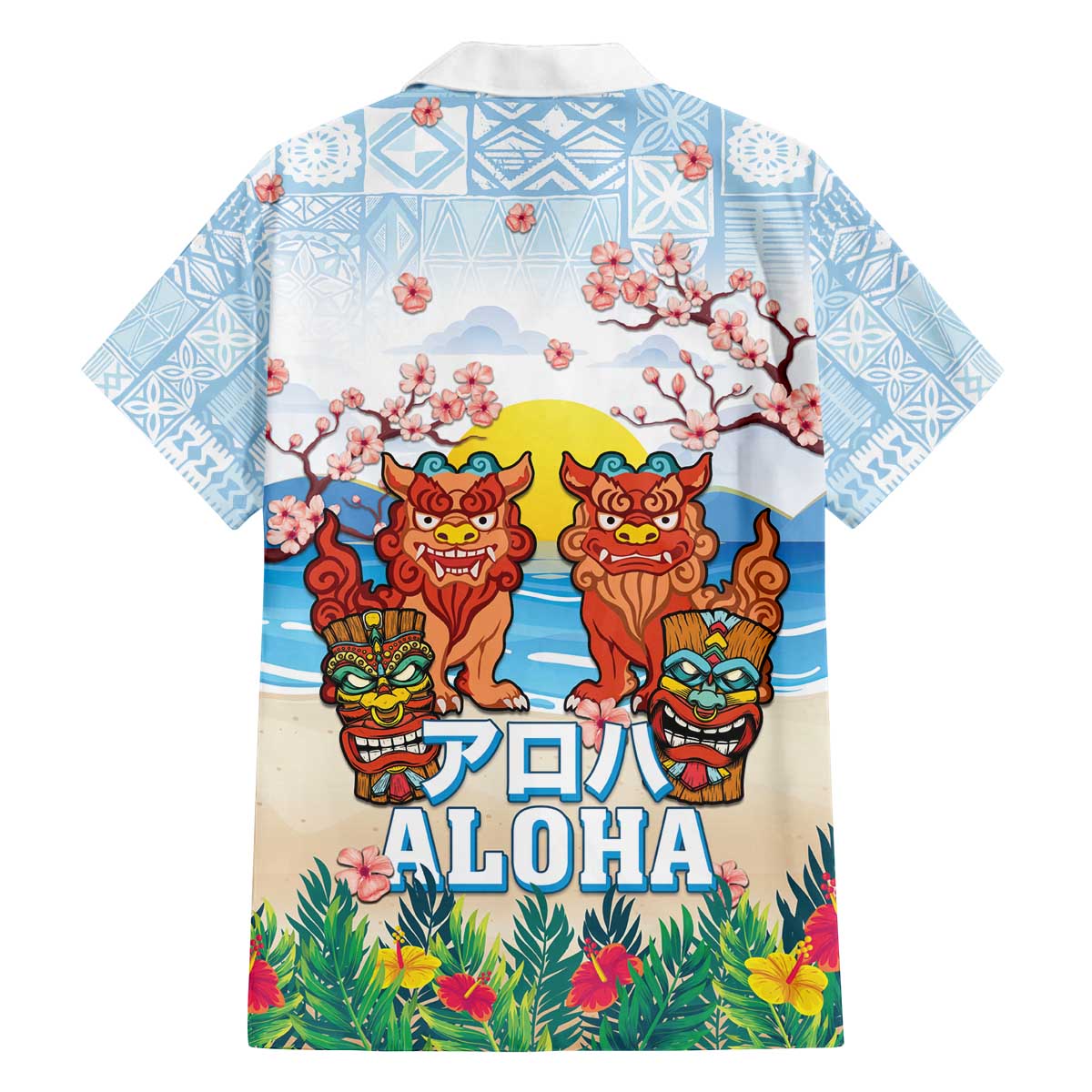 Hawaii And Japan Okinawa Family Matching Puletasi and Hawaiian Shirt Aloha Gozaimasu Tiki With Shisa LT05 - Polynesian Pride