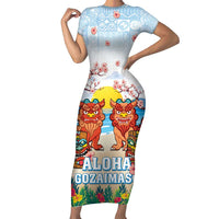 Hawaii And Japan Okinawa Family Matching Short Sleeve Bodycon Dress and Hawaiian Shirt Aloha Gozaimasu Tiki With Shisa