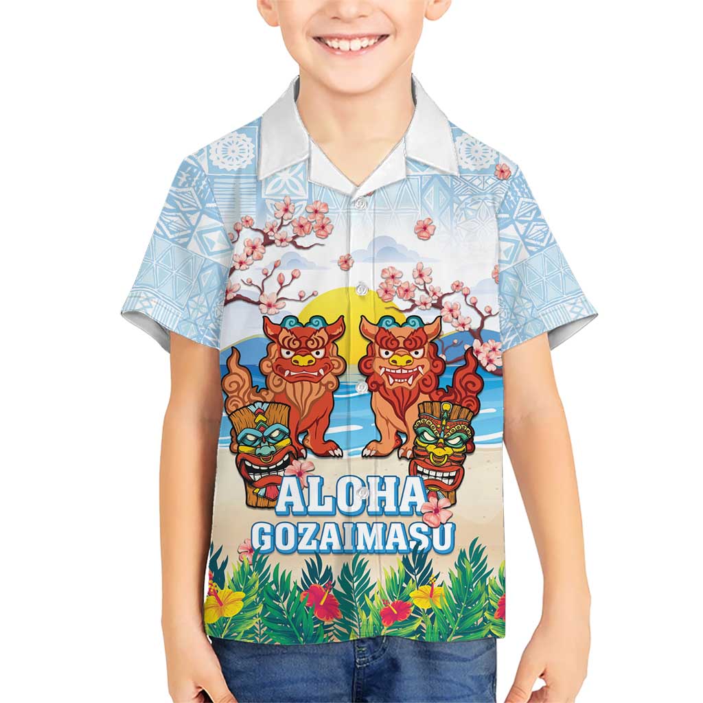 Hawaii And Japan Okinawa Kid Hawaiian Shirt Aloha Gozaimasu Tiki With Shisa LT05 Kid Blue - Polynesian Pride
