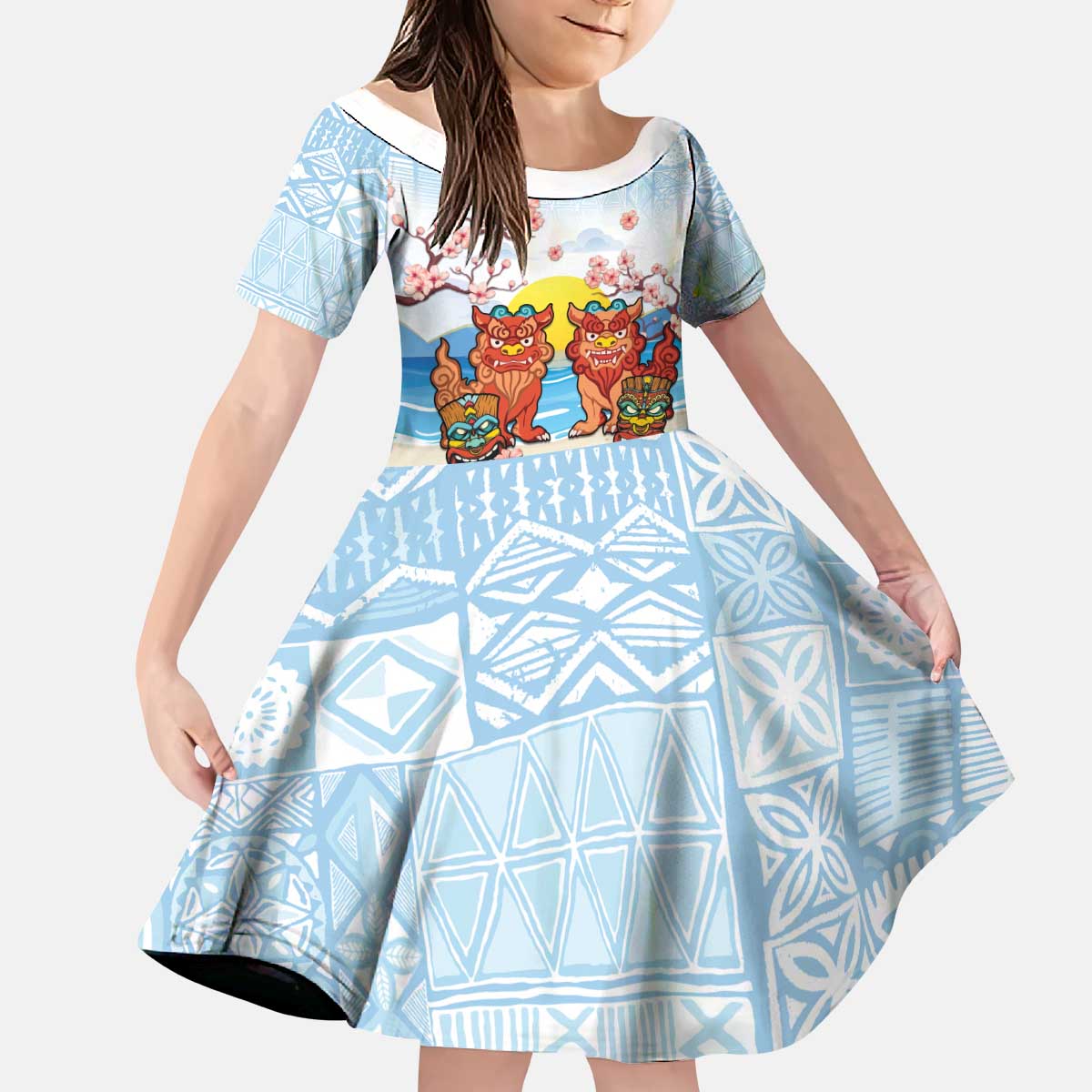 Hawaii And Japan Okinawa Kid Short Sleeve Dress Aloha Gozaimasu Tiki With Shisa