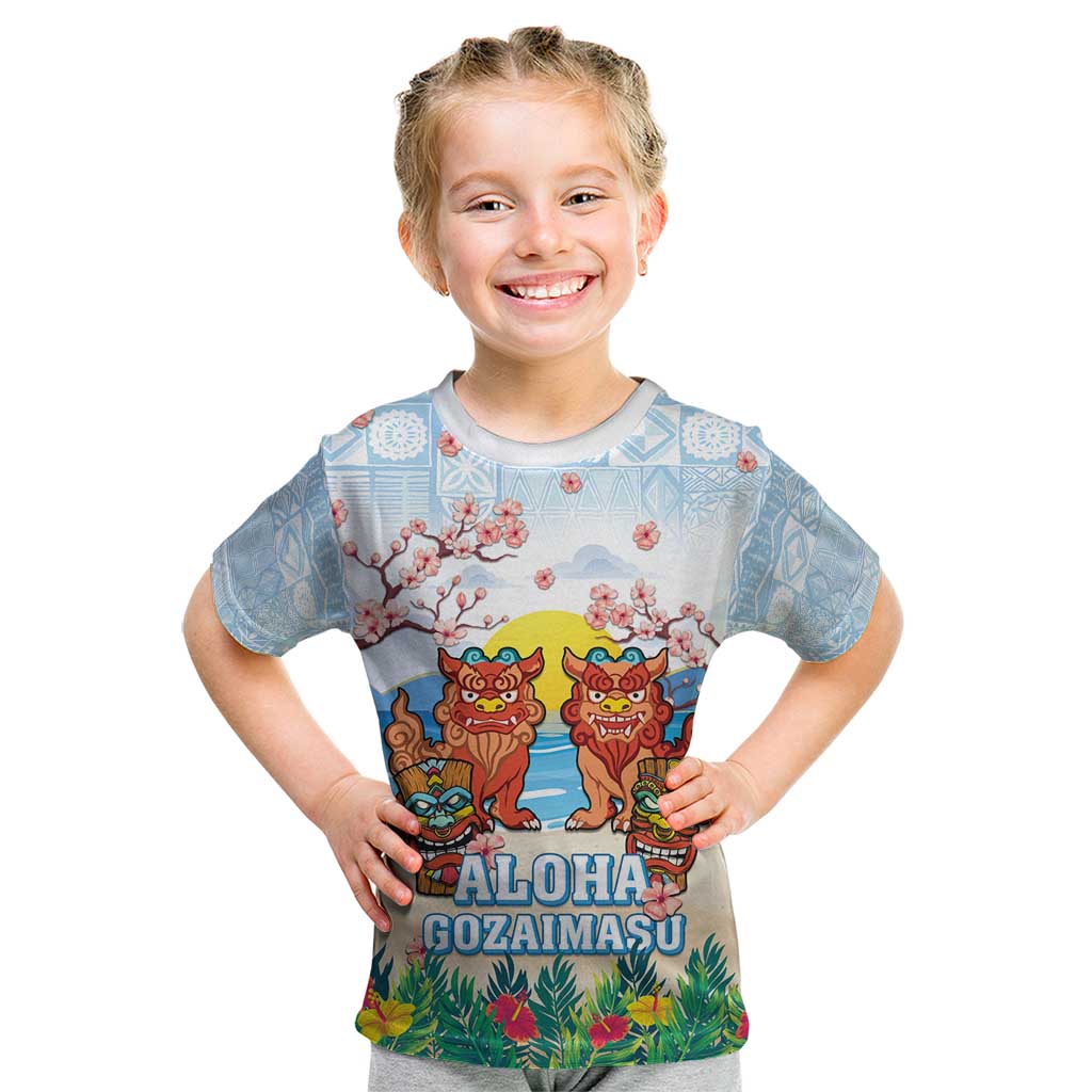 Hawaii And Japan Okinawa Kid T Shirt Aloha Gozaimasu Tiki With Shisa LT05 Blue - Polynesian Pride