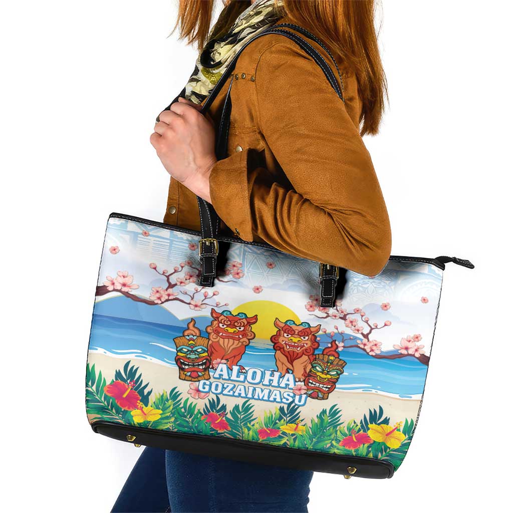 Hawaii And Japan Okinawa Leather Tote Bag Aloha Gozaimasu Tiki With Shisa LT05 Blue - Polynesian Pride