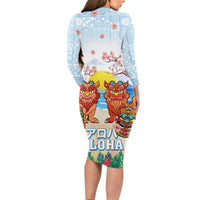 Hawaii And Japan Okinawa Long Sleeve Bodycon Dress Aloha Gozaimasu Tiki With Shisa