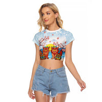 Hawaii And Japan Okinawa Raglan Cropped T Shirt Aloha Gozaimasu Tiki With Shisa LT05 Female Blue - Polynesian Pride