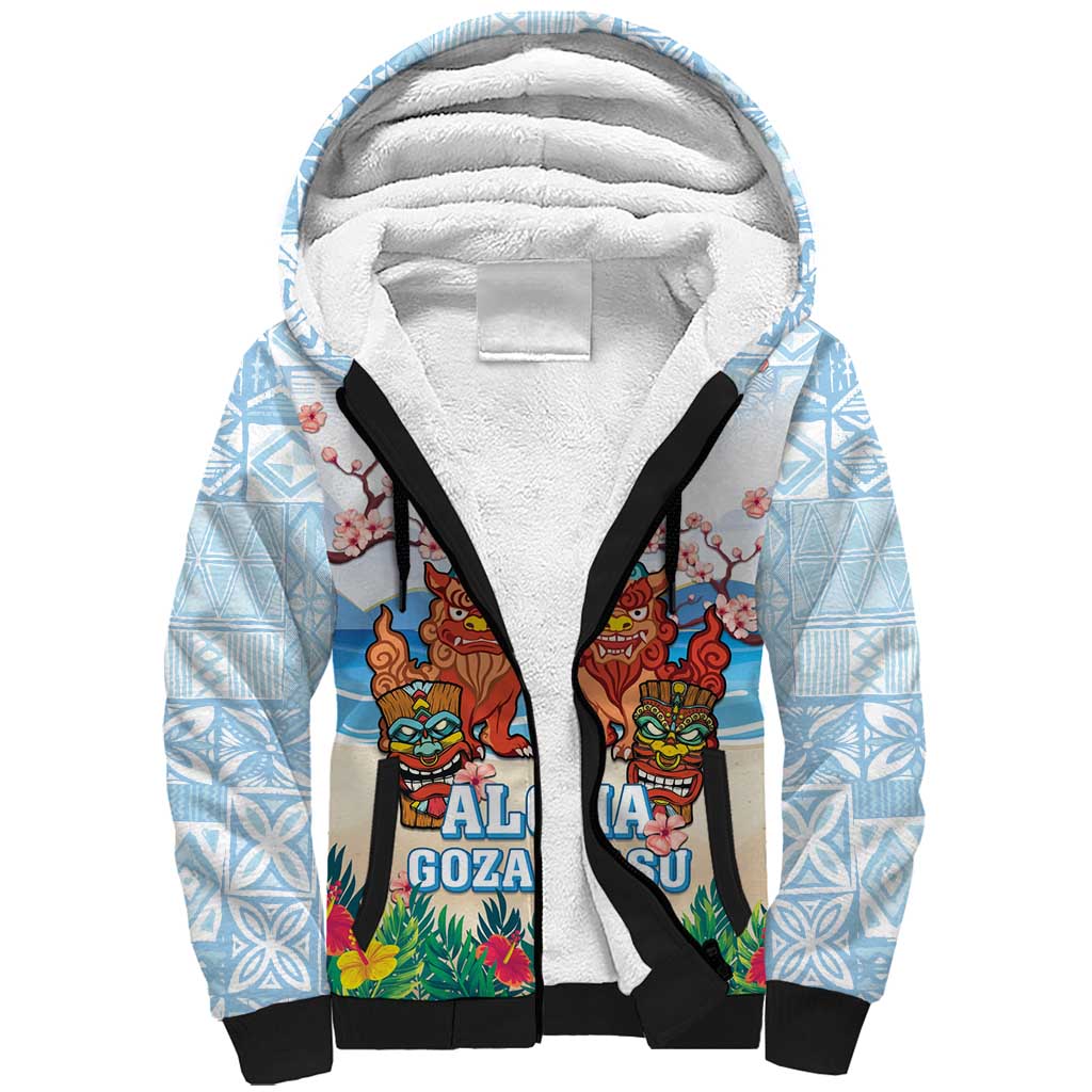 Hawaii And Japan Okinawa Sherpa Hoodie Aloha Gozaimasu Tiki With Shisa