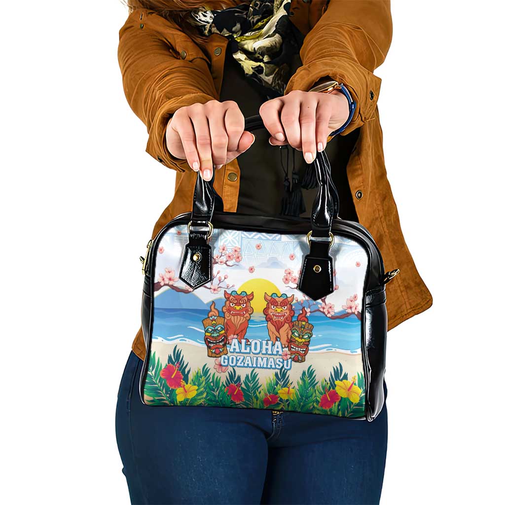 Hawaii And Japan Okinawa Shoulder Handbag Aloha Gozaimasu Tiki With Shisa LT05 One Size Blue - Polynesian Pride