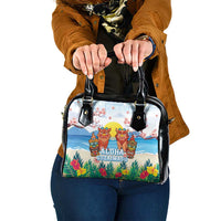 Hawaii And Japan Okinawa Shoulder Handbag Aloha Gozaimasu Tiki With Shisa LT05 One Size Blue - Polynesian Pride