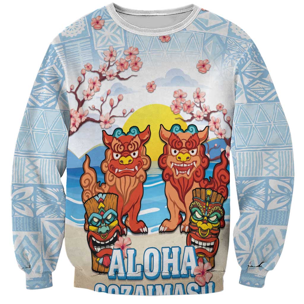 Hawaii And Japan Okinawa Sweatshirt Aloha Gozaimasu Tiki With Shisa LT05 Unisex Blue - Polynesian Pride