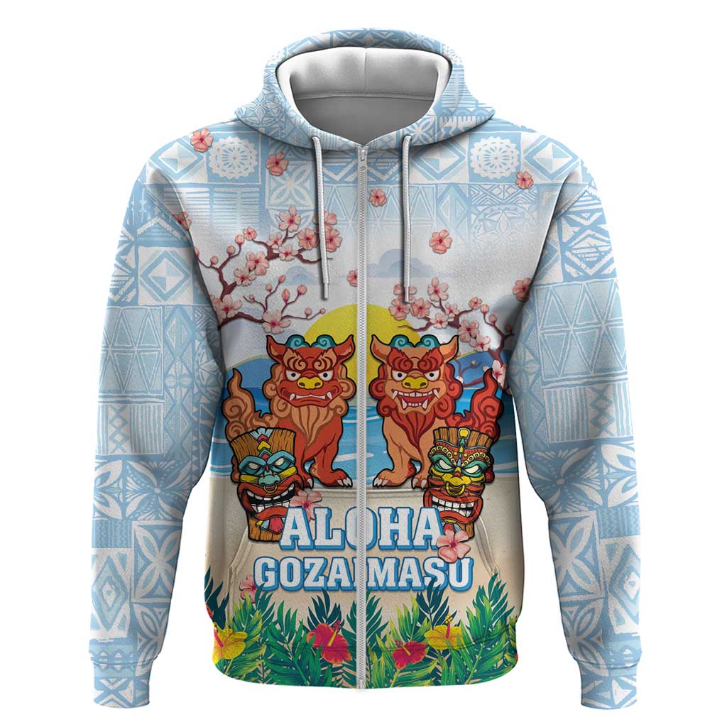 Hawaii And Japan Okinawa Zip Hoodie Aloha Gozaimasu Tiki With Shisa LT05 Zip Hoodie Blue - Polynesian Pride
