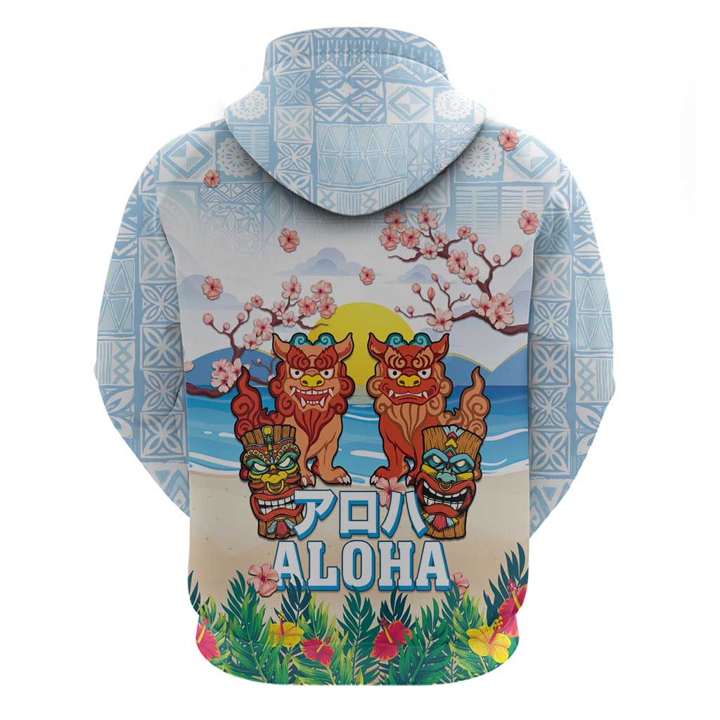 Hawaii And Japan Okinawa Zip Hoodie Aloha Gozaimasu Tiki With Shisa LT05 - Polynesian Pride