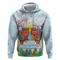 Hawaii And Japan Okinawa Zip Hoodie Aloha Gozaimasu Tiki With Shisa LT05 Pullover Hoodie Blue - Polynesian Pride
