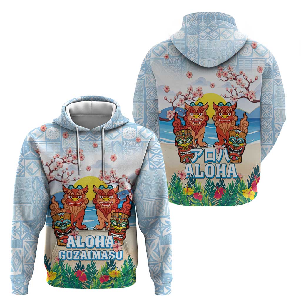 Hawaii And Japan Okinawa Zip Hoodie Aloha Gozaimasu Tiki With Shisa LT05 - Polynesian Pride