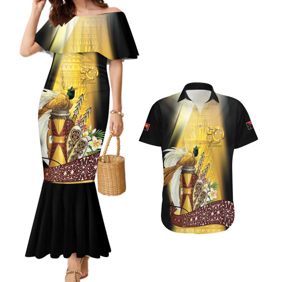 Papua New Guinea Couples Matching Mermaid Dress and Hawaiian Shirt 50 Years Of Independence - Polynesian Pride