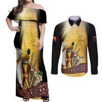 Papua New Guinea Couples Matching Off Shoulder Maxi Dress and Long Sleeve Button Shirt 50 Years Of Independence LT05 Gold - Polynesian Pride