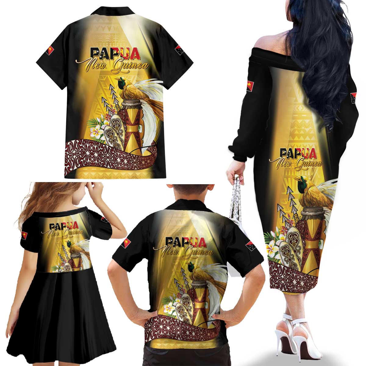 Papua New Guinea Family Matching Off The Shoulder Long Sleeve Dress and Hawaiian Shirt 50 Years Of Independence - Polynesian Pride