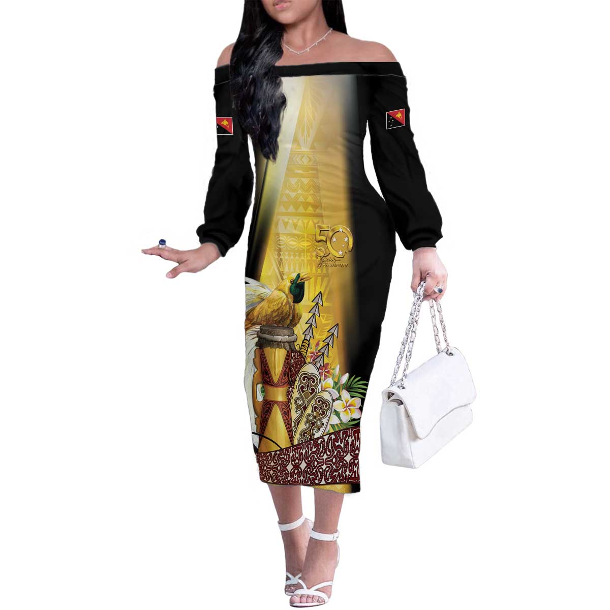 Papua New Guinea Family Matching Off The Shoulder Long Sleeve Dress and Hawaiian Shirt 50 Years Of Independence - Polynesian Pride