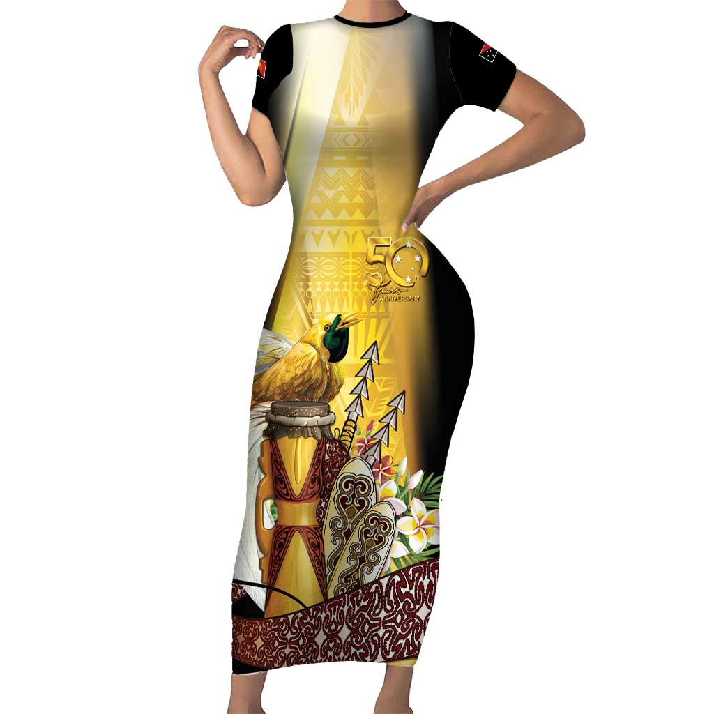 Papua New Guinea Family Matching Short Sleeve Bodycon Dress and Hawaiian Shirt 50 Years Of Independence LT05 Mom's Dress Gold - Polynesian Pride