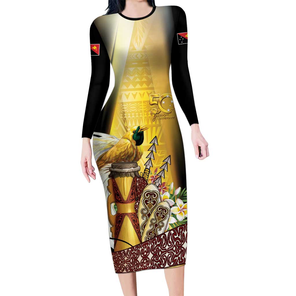 Papua New Guinea Long Sleeve Bodycon Dress 50 Years Of Independence LT05 Long Dress Gold - Polynesian Pride