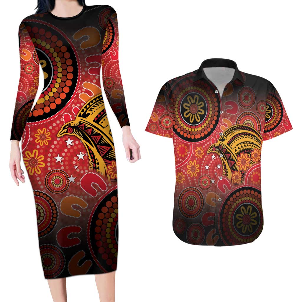 Papua New Guinea Couples Matching Long Sleeve Bodycon Dress and Hawaiian Shirt Birds Of Paradise With Aboriginal Pattern - Polynesian Pride
