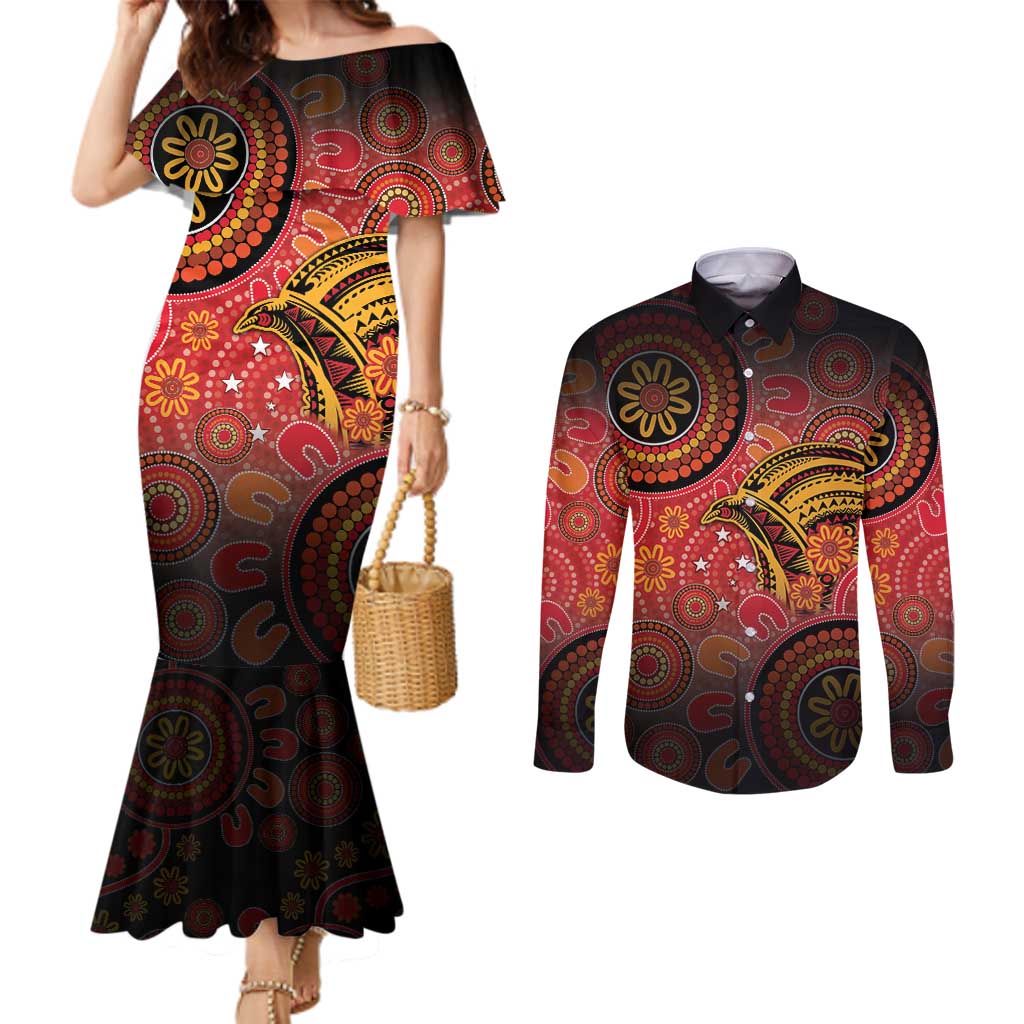 Papua New Guinea Couples Matching Mermaid Dress and Long Sleeve Button Shirt Birds Of Paradise With Aboriginal Pattern - Polynesian Pride
