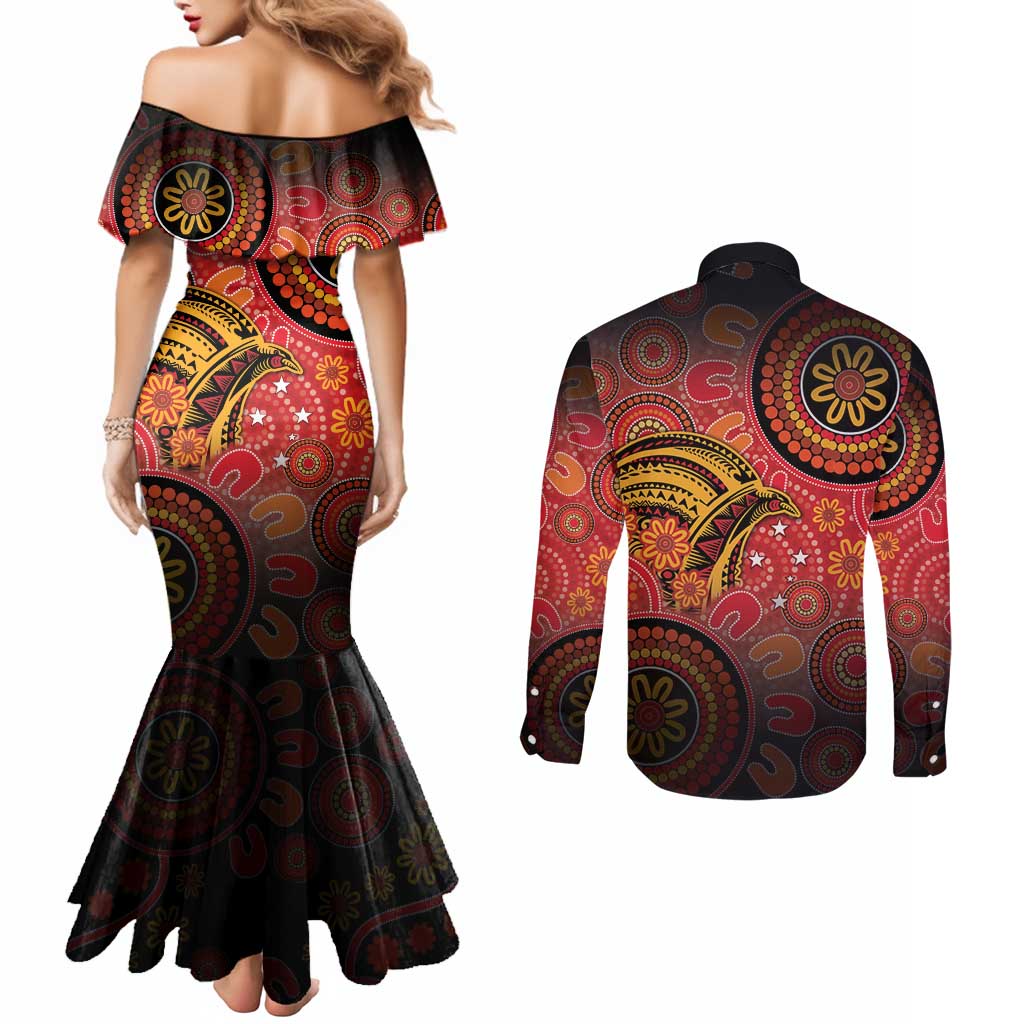 Papua New Guinea Couples Matching Mermaid Dress and Long Sleeve Button Shirt Birds Of Paradise With Aboriginal Pattern LT05 - Polynesian Pride