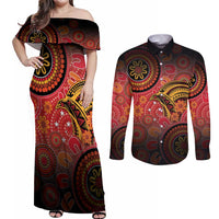 Papua New Guinea Couples Matching Off Shoulder Maxi Dress and Long Sleeve Button Shirt Birds Of Paradise With Aboriginal Pattern LT05 Red - Polynesian Pride