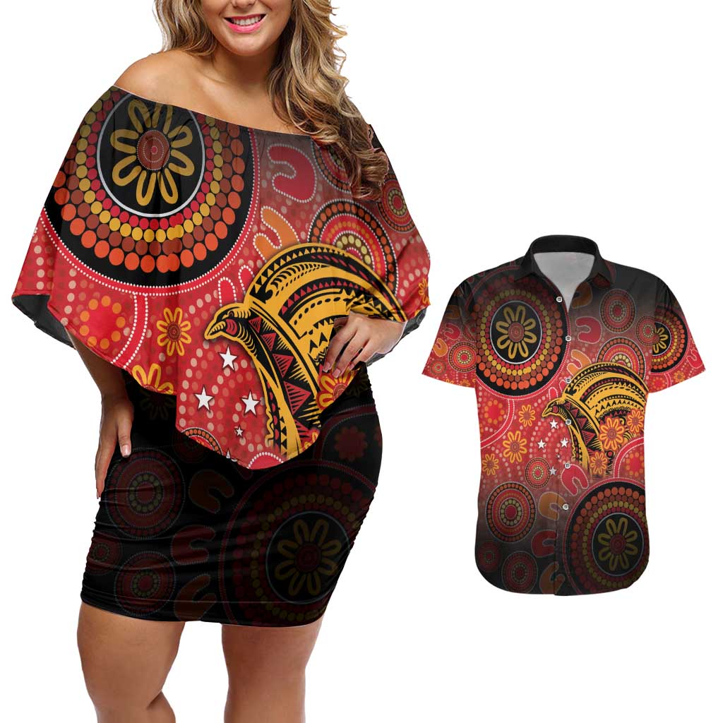 Papua New Guinea Couples Matching Off Shoulder Short Dress and Hawaiian Shirt Birds Of Paradise With Aboriginal Pattern - Polynesian Pride
