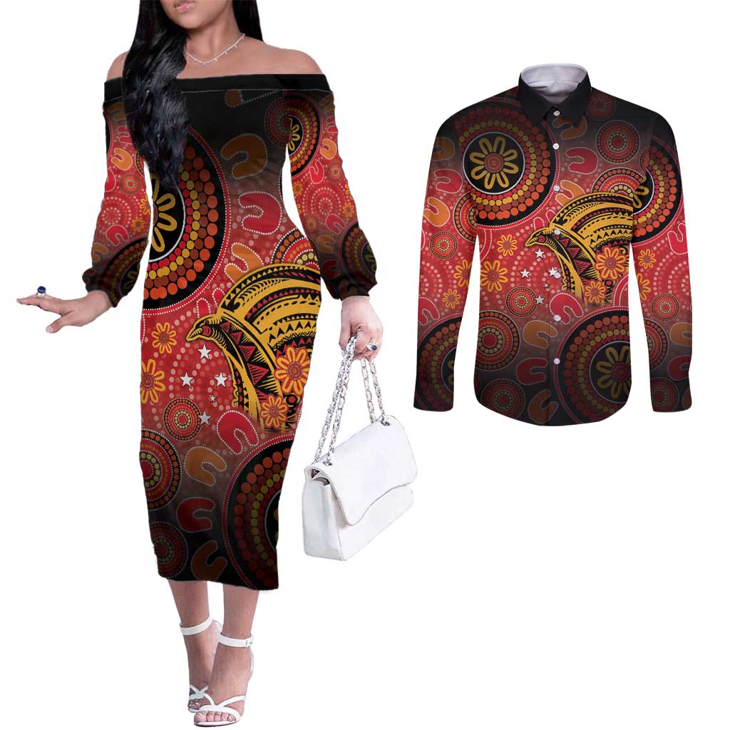 Papua New Guinea Couples Matching Off The Shoulder Long Sleeve Dress and Long Sleeve Button Shirt Birds Of Paradise With Aboriginal Pattern LT05 Red - Polynesian Pride