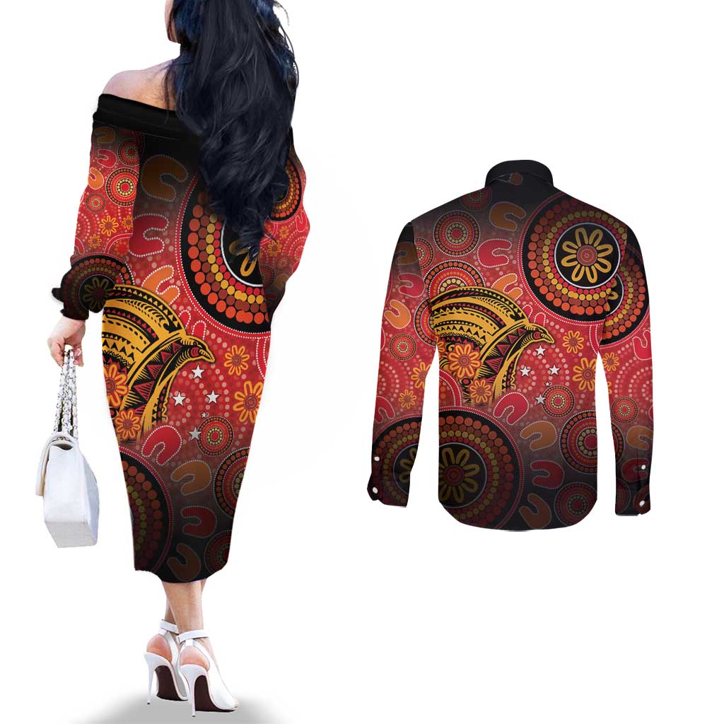 Papua New Guinea Couples Matching Off The Shoulder Long Sleeve Dress and Long Sleeve Button Shirt Birds Of Paradise With Aboriginal Pattern LT05 - Polynesian Pride