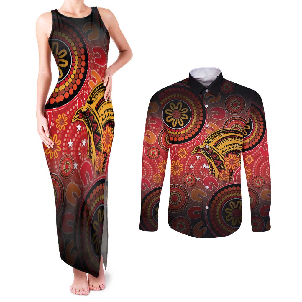 Papua New Guinea Couples Matching Tank Maxi Dress and Long Sleeve Button Shirt Birds Of Paradise With Aboriginal Pattern LT05 Red - Polynesian Pride